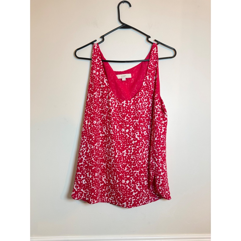 LOFT Tank Top Women Large Red Floral Leopard V-Neck Sleeveless Blouse